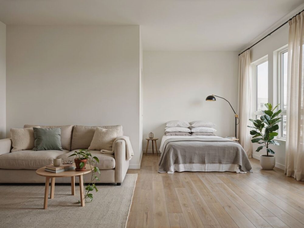 nowoczesny salon z częścią sypialnianą