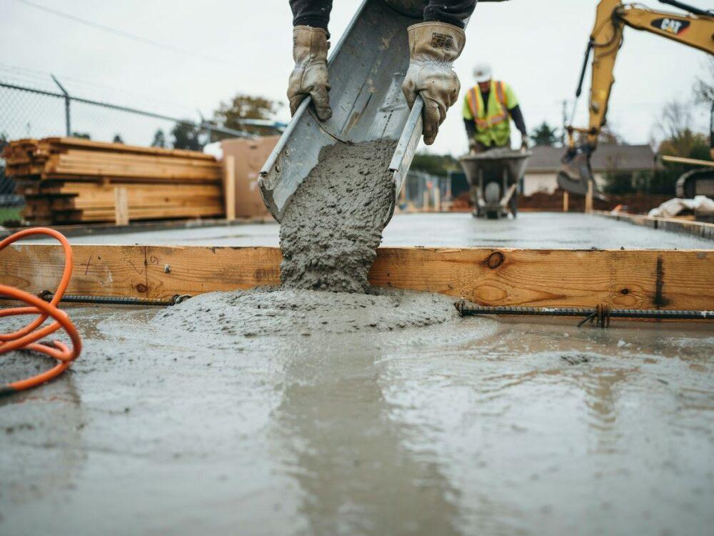 pracownik wylewający beton na fundament